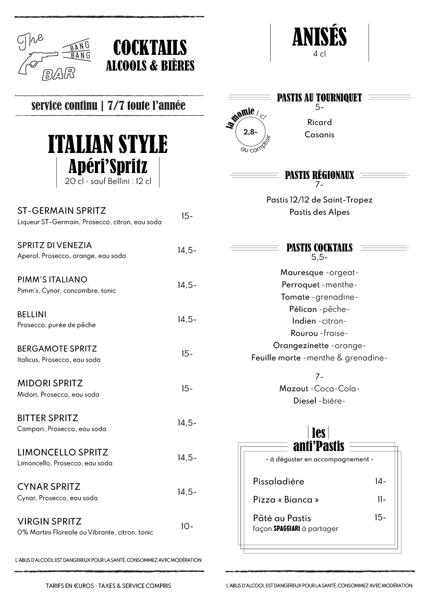 Carte Bar et Cocktails Spaggiari & Wang Hiver 2026