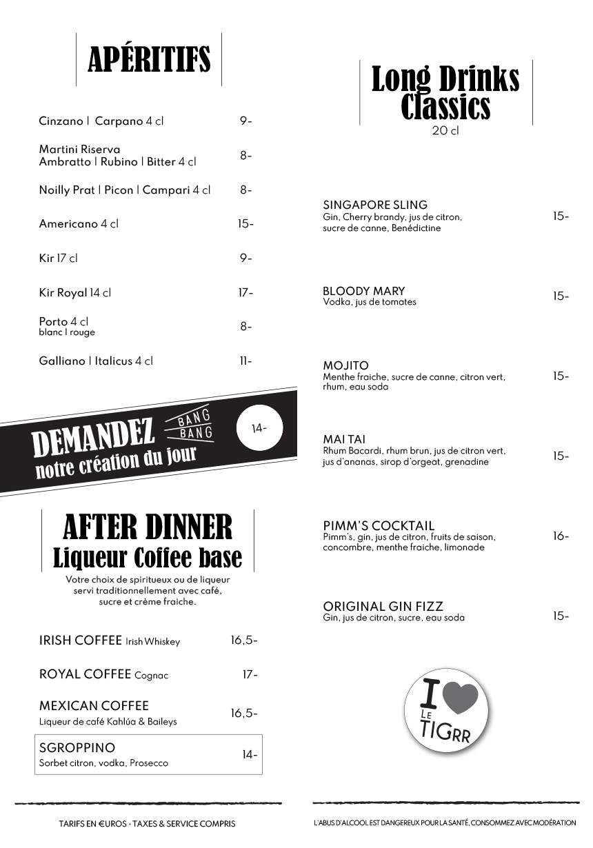 Carte Bar et Cocktails Spaggiari & Wang Hiver 2026