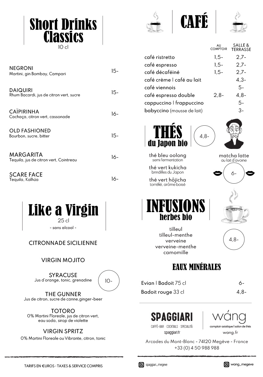 Carte Bar et Cocktails Spaggiari & Wang Hiver 2026